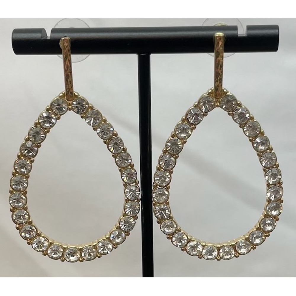 Gold Tone Rhinestone Teardrop Open Hoop Post Earrings Hammered Bar Dangle